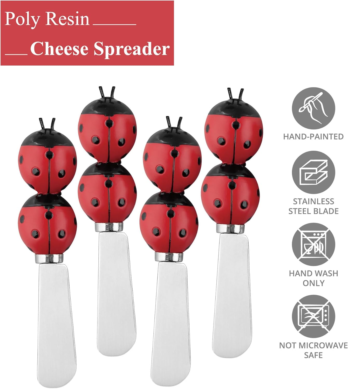 UP Ladybug Cheese Spreaders, Hand-Painted Resin Handles with Stainless Steel Blades for Spreading Cream Cheese, Butter, Jam, or Sandwich, Set of 4