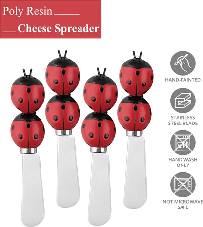 UP Ladybug Cheese Spreaders, Hand-Painted Resin Handles with Stainless Steel Blades for Spreading Cream Cheese, Butter, Jam, or Sandwich, Set of 4