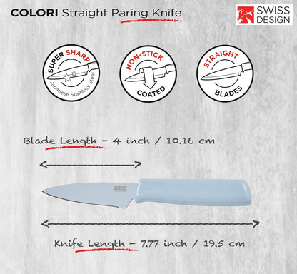 Colori® Paring Knife – 4 Inch Japanese Stainless Steel, Nonstick Blade, Ergonomic Handle & Sheath, Light Blue