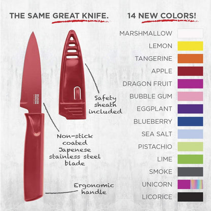 Colori® Paring Knife – 4 Inch Japanese Stainless Steel, Nonstick Blade, Ergonomic Handle & Sheath, Light Blue