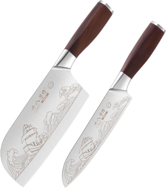 Meat Cleaver Set Chinese Style Patterns 7.09”&6.97" Chef Knife Stainless Steel Professional Kitchen Cleaver And Santoku Knife (Kitchen Knife Set 2 Pcs)