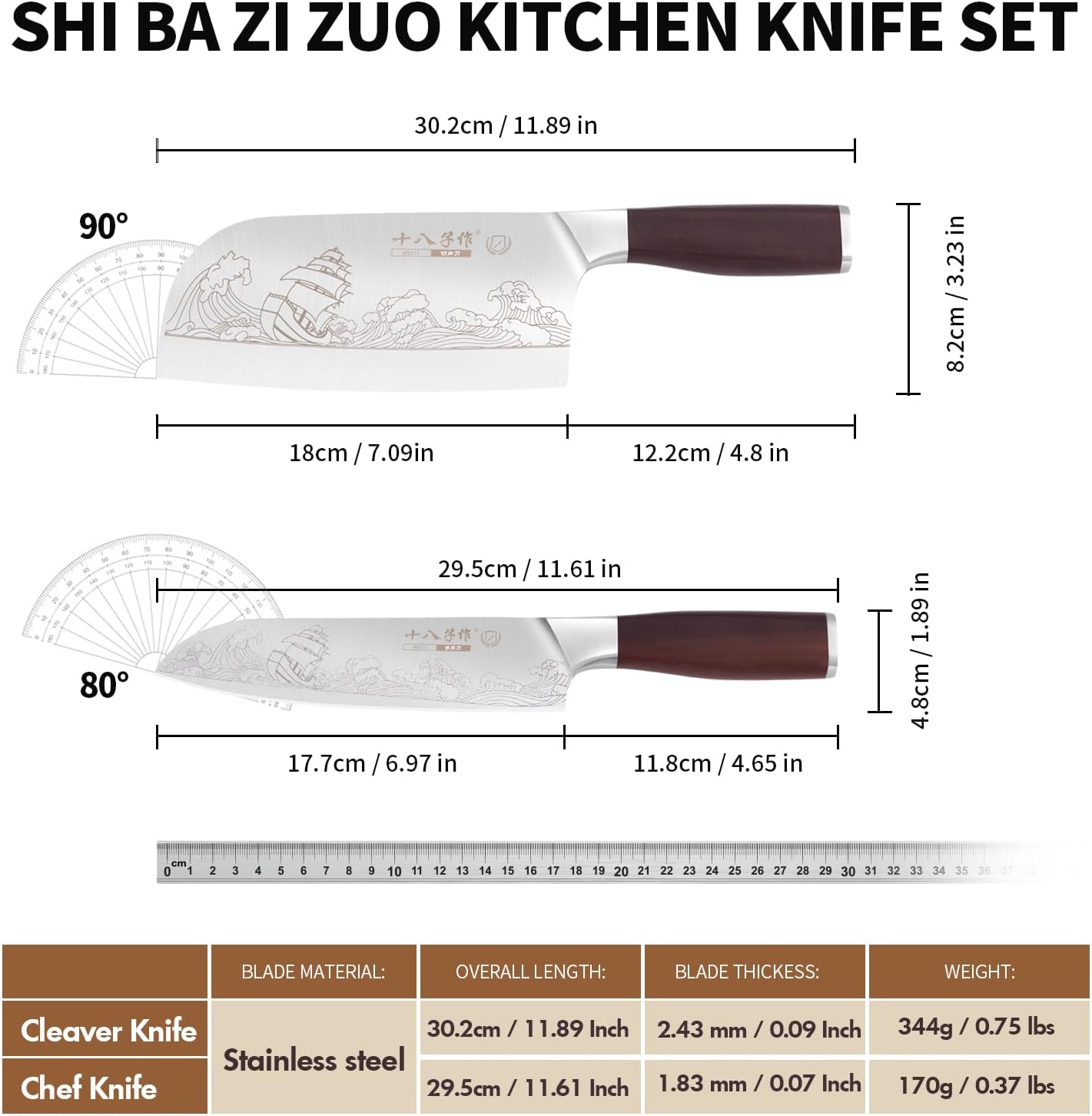 Meat Cleaver Set Chinese Style Patterns 7.09”&6.97" Chef Knife Stainless Steel Professional Kitchen Cleaver And Santoku Knife (Kitchen Knife Set 2 Pcs)