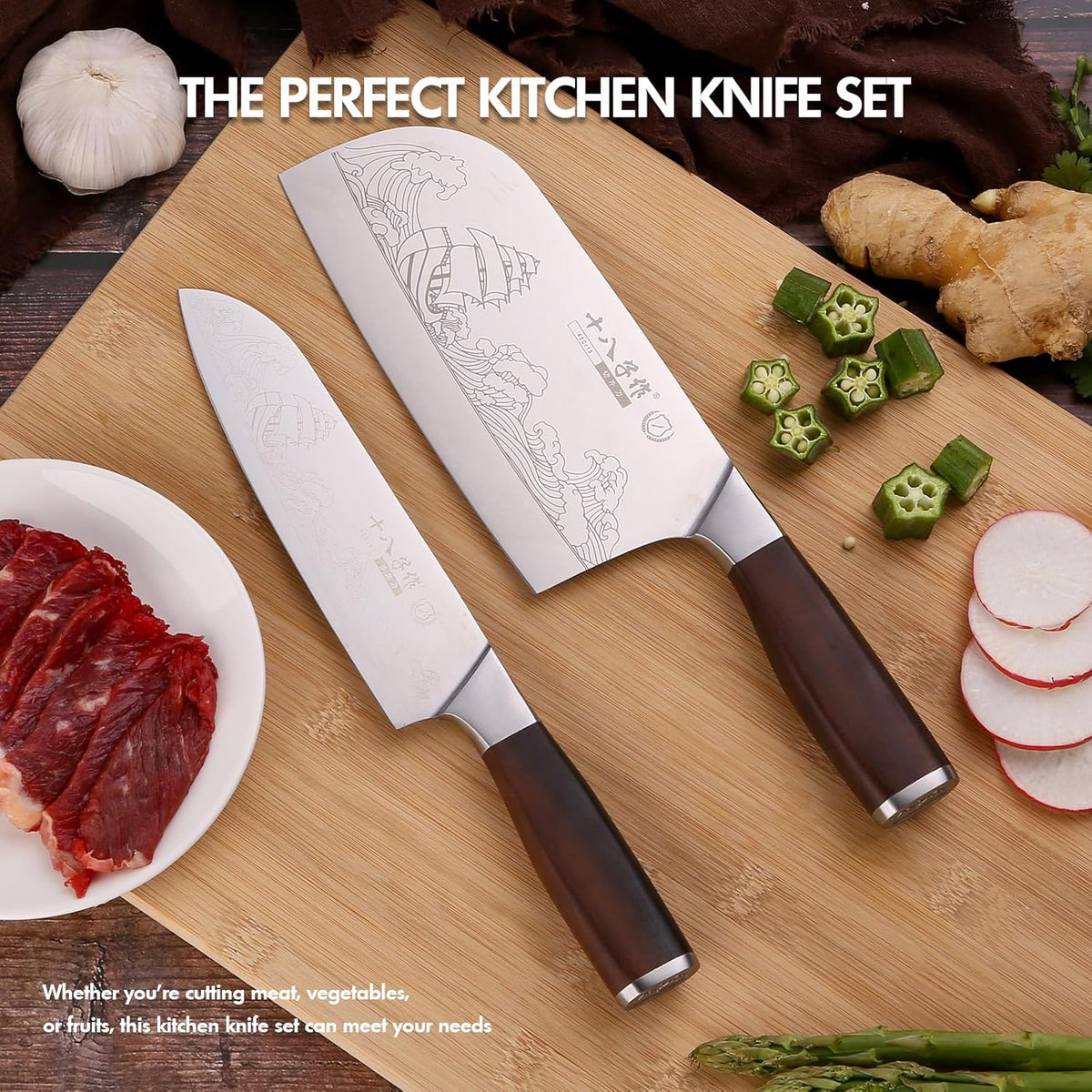 Meat Cleaver Set Chinese Style Patterns 7.09”&6.97" Chef Knife Stainless Steel Professional Kitchen Cleaver And Santoku Knife (Kitchen Knife Set 2 Pcs)