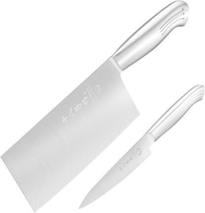 Meat Cleaver Set Chinese Style Patterns 7.09”&6.97" Chef Knife Stainless Steel Professional Kitchen Cleaver And Santoku Knife (Kitchen Knife Set 2 Pcs)