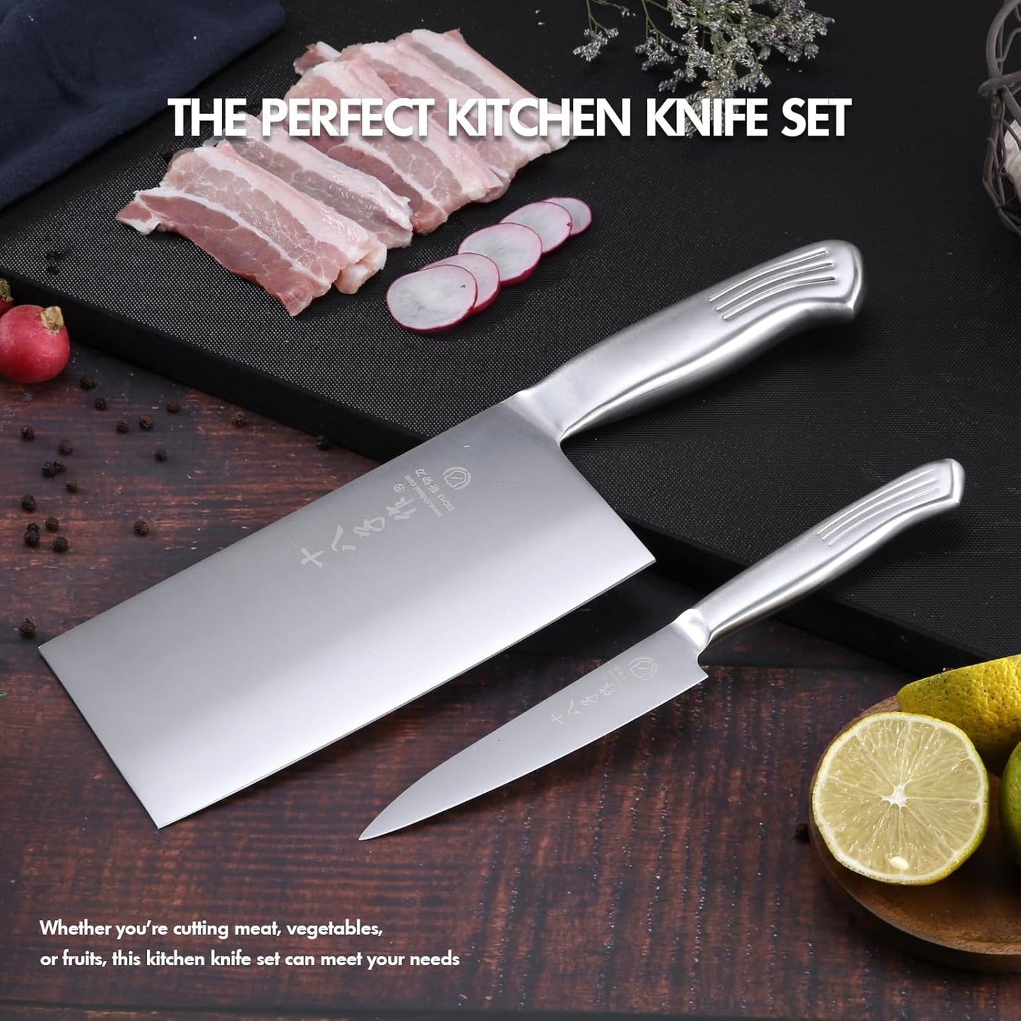 Meat Cleaver Set Chinese Style Patterns 7.09”&6.97" Chef Knife Stainless Steel Professional Kitchen Cleaver And Santoku Knife (Kitchen Knife Set 2 Pcs)