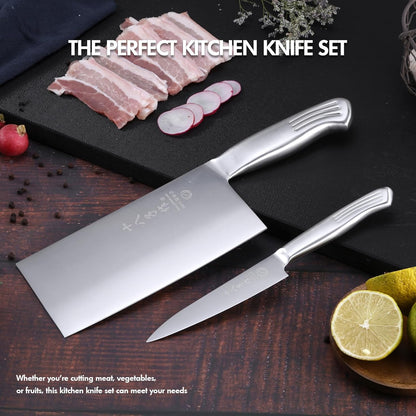Meat Cleaver Set Chinese Style Patterns 7.09”&6.97" Chef Knife Stainless Steel Professional Kitchen Cleaver And Santoku Knife (Kitchen Knife Set 2 Pcs)