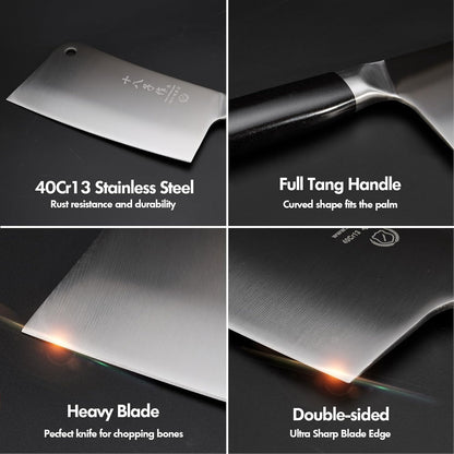 Meat Cleaver Set Chinese Style Patterns 7.09”&6.97" Chef Knife Stainless Steel Professional Kitchen Cleaver And Santoku Knife (Kitchen Knife Set 2 Pcs)