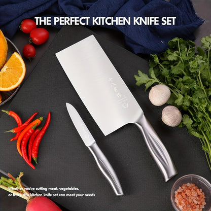 Meat Cleaver Set Chinese Style Patterns 7.09”&6.97" Chef Knife Stainless Steel Professional Kitchen Cleaver And Santoku Knife (Kitchen Knife Set 2 Pcs)
