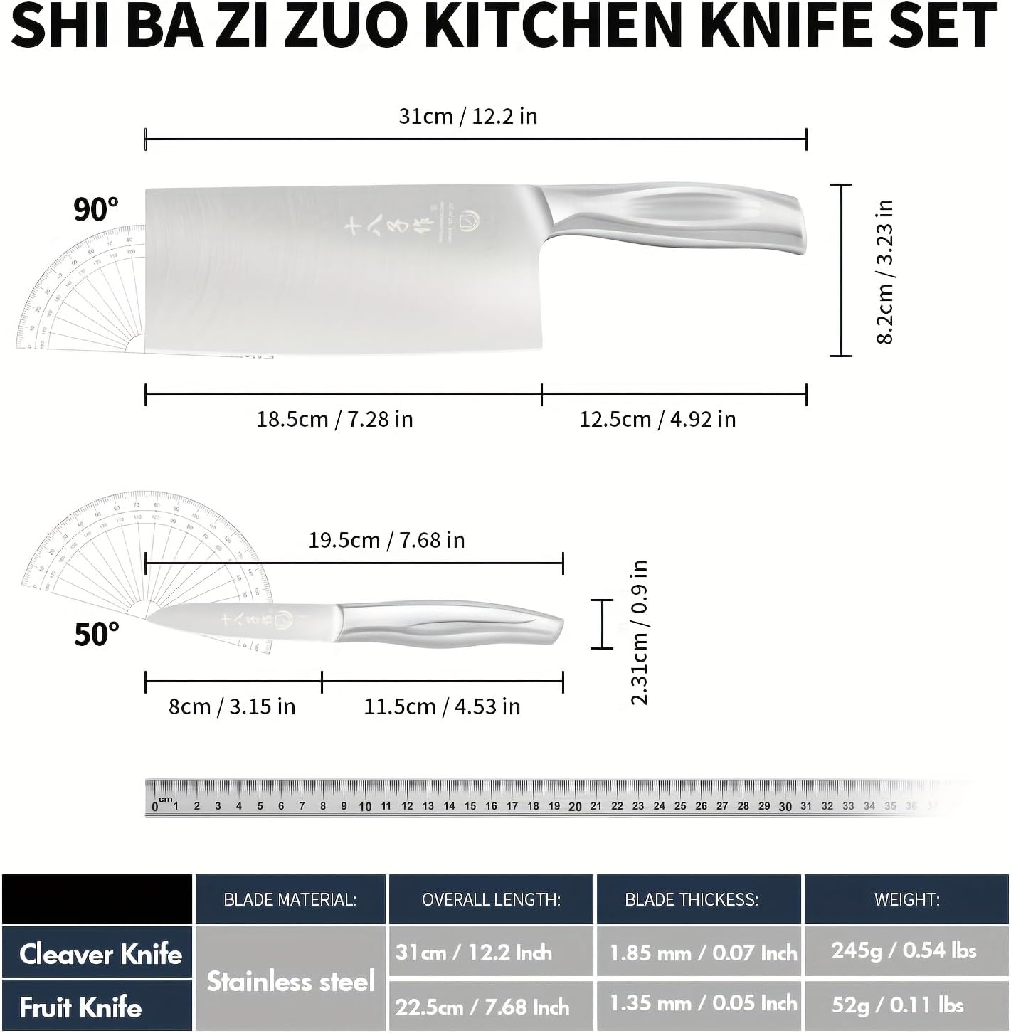 Meat Cleaver Set Chinese Style Patterns 7.09”&6.97" Chef Knife Stainless Steel Professional Kitchen Cleaver And Santoku Knife (Kitchen Knife Set 2 Pcs)