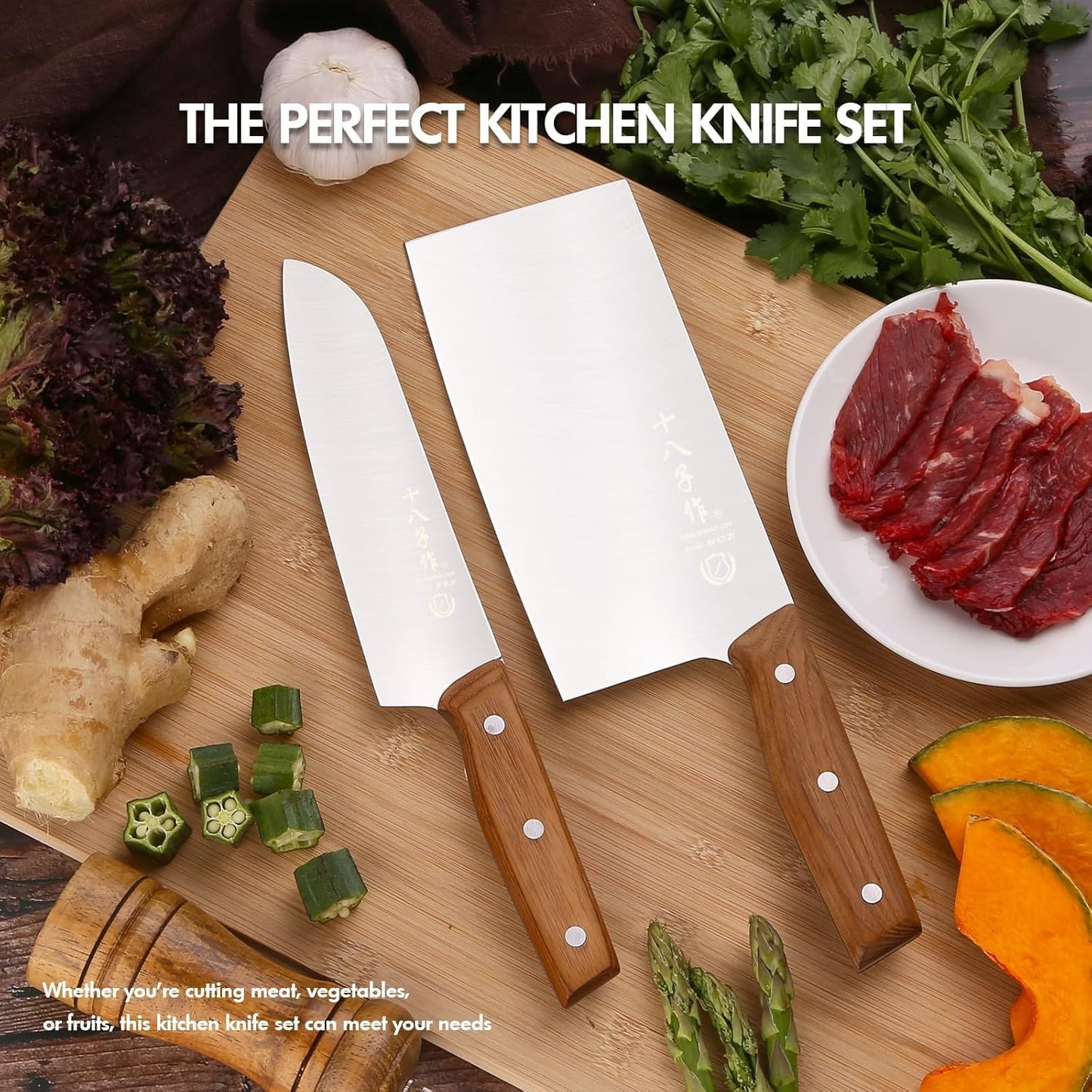 Meat Cleaver Set Chinese Style Patterns 7.09”&6.97" Chef Knife Stainless Steel Professional Kitchen Cleaver And Santoku Knife (Kitchen Knife Set 2 Pcs)