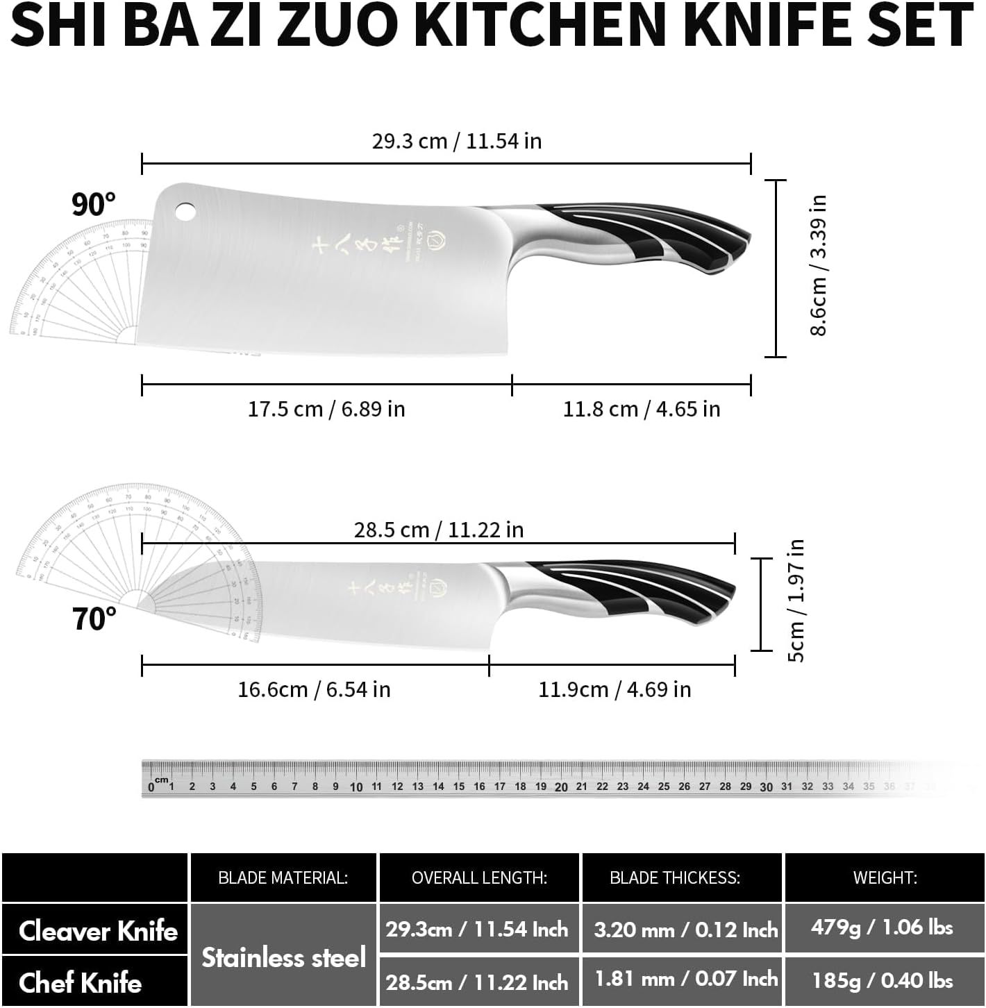 Meat Cleaver Set Chinese Style Patterns 7.09”&6.97" Chef Knife Stainless Steel Professional Kitchen Cleaver And Santoku Knife (Kitchen Knife Set 2 Pcs)