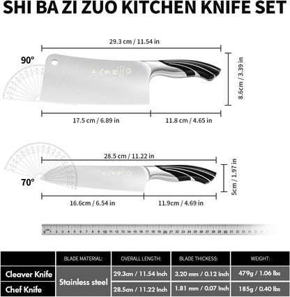 Meat Cleaver Set Chinese Style Patterns 7.09”&6.97" Chef Knife Stainless Steel Professional Kitchen Cleaver And Santoku Knife (Kitchen Knife Set 2 Pcs)