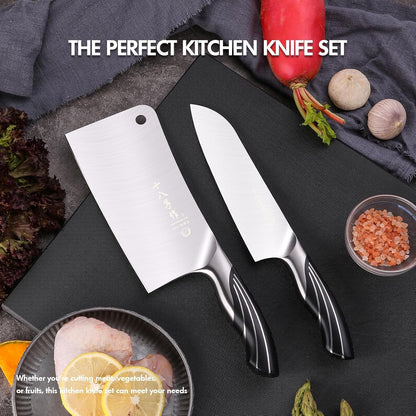 Meat Cleaver Set Chinese Style Patterns 7.09”&6.97" Chef Knife Stainless Steel Professional Kitchen Cleaver And Santoku Knife (Kitchen Knife Set 2 Pcs)