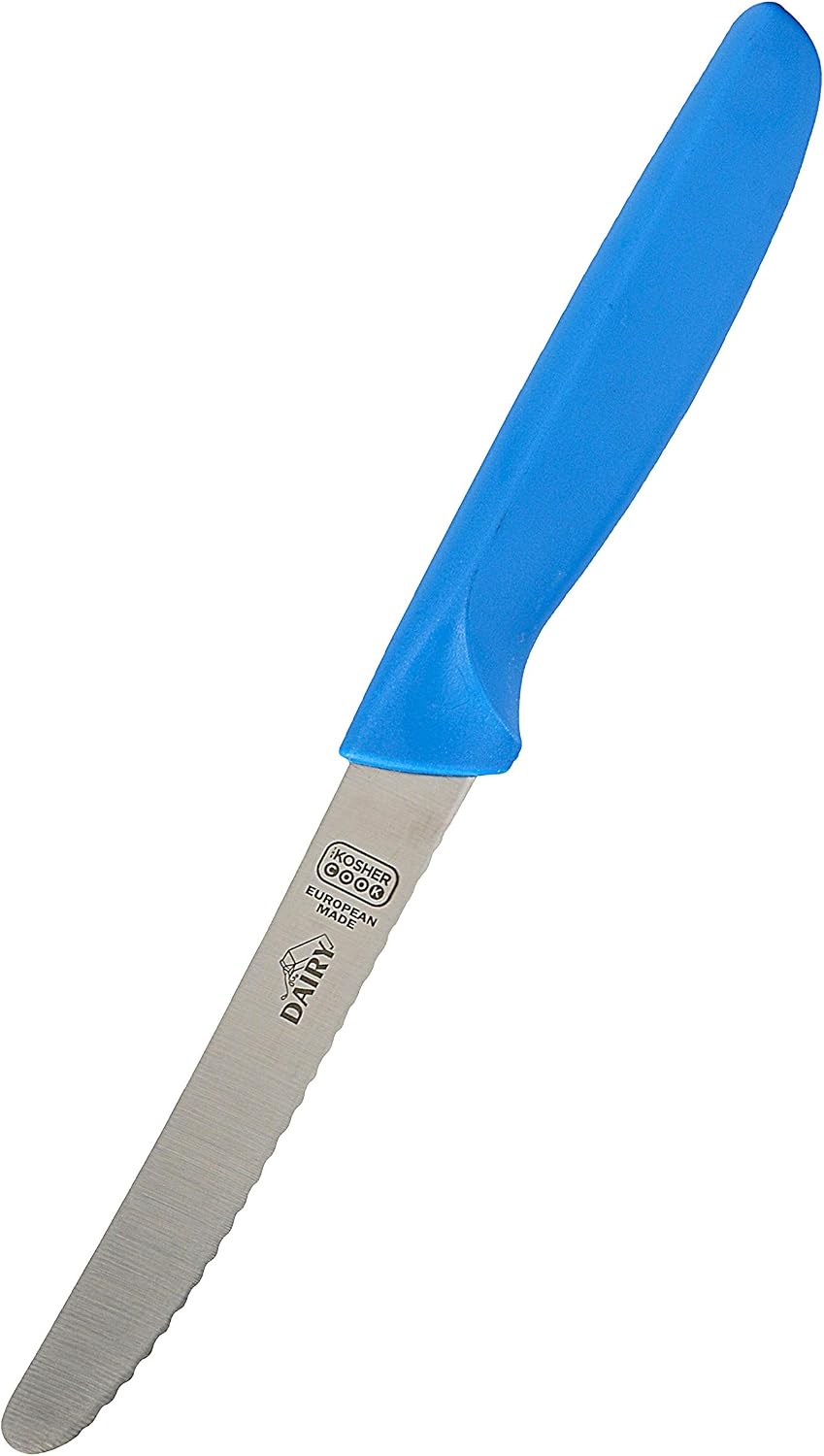 Dairy Blue Kitchen Knife - 4.5” Steak and Vegetable Knife - Razor Sharp Curved Tip, Serrated Edge - Color Coded Kitchen Tools