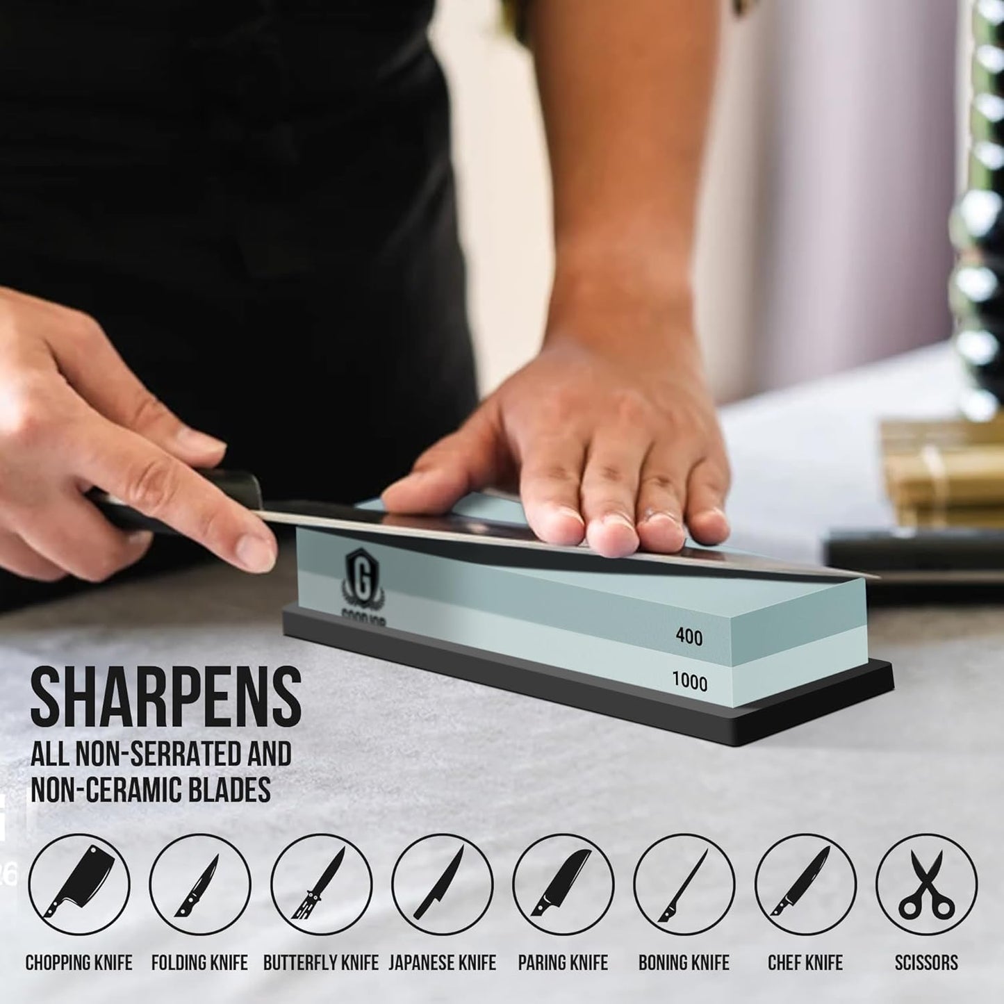 Knife Sharpening Stone Kit - Premium Japanese Whetstone Knife Sharpener Stones Set - Dual Grit 400/1000 Water Stones with Non-Slip Silicone Base, Angle Guide, Flattening Stone