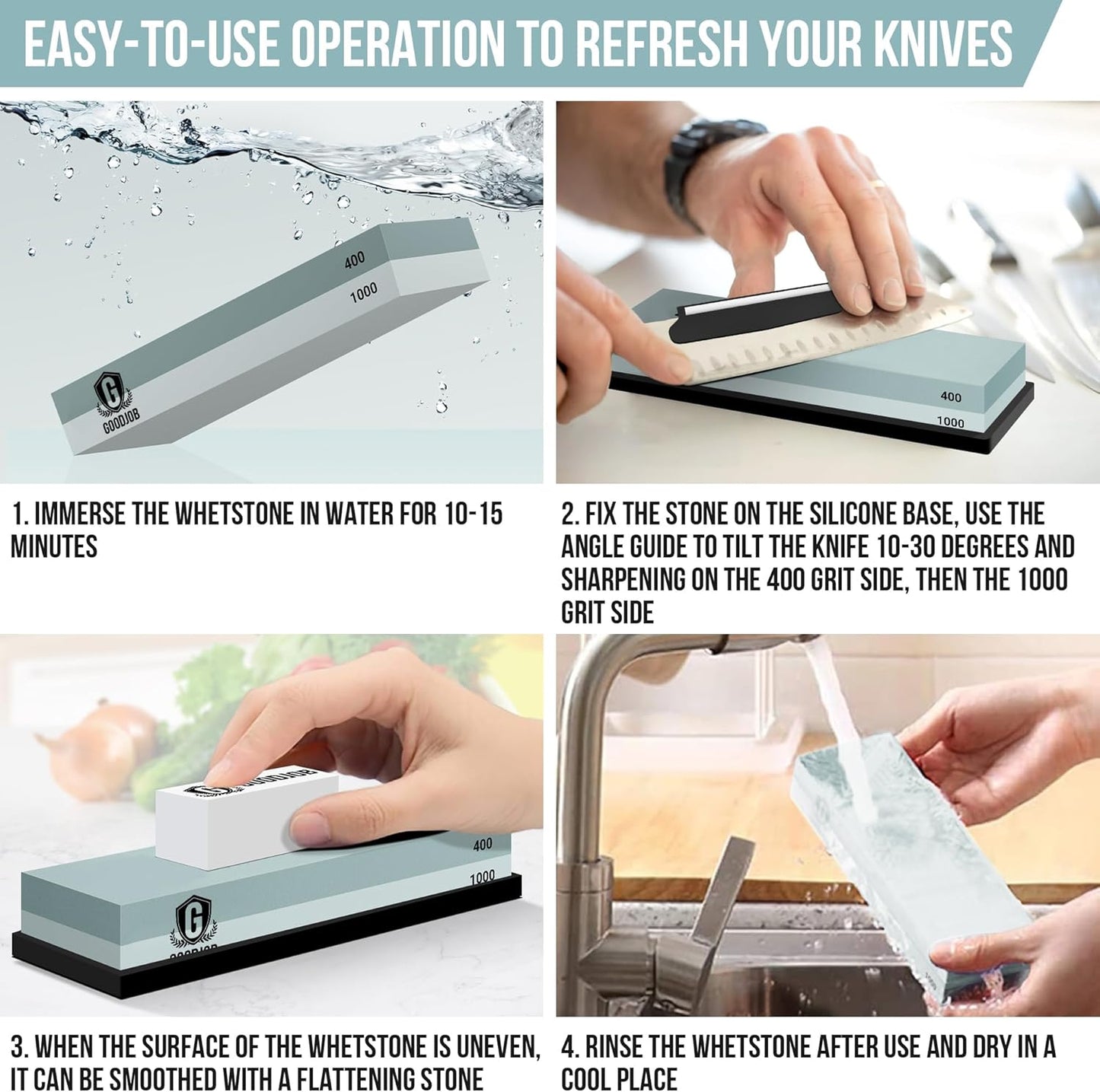 Knife Sharpening Stone Kit - Premium Japanese Whetstone Knife Sharpener Stones Set - Dual Grit 400/1000 Water Stones with Non-Slip Silicone Base, Angle Guide, Flattening Stone