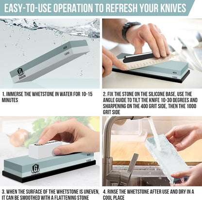 Knife Sharpening Stone Kit - Premium Japanese Whetstone Knife Sharpener Stones Set - Dual Grit 400/1000 Water Stones with Non-Slip Silicone Base, Angle Guide, Flattening Stone