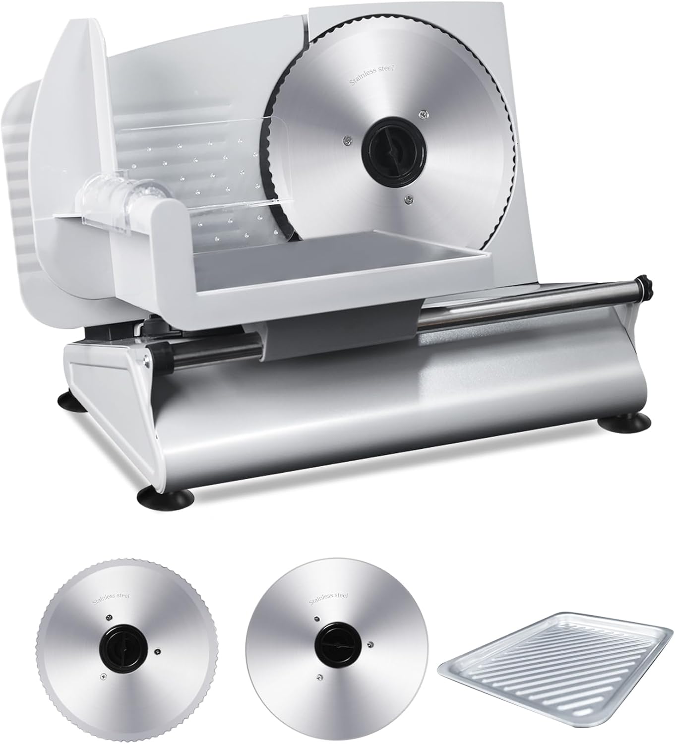 200W Electric Meat Slicer, 2 Removable 7.5" Stainless Steel Blades | 0-12mm Thickness Adjustable Deli Food Slicer for Home Use, SS Tray Included, Child Lock Protection, Easy to Clean