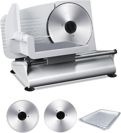 200W Electric Meat Slicer, 2 Removable 7.5" Stainless Steel Blades | 0-12mm Thickness Adjustable Deli Food Slicer for Home Use, SS Tray Included, Child Lock Protection, Easy to Clean