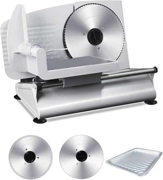 200W Electric Meat Slicer, 2 Removable 7.5" Stainless Steel Blades | 0-12mm Thickness Adjustable Deli Food Slicer for Home Use, SS Tray Included, Child Lock Protection, Easy to Clean