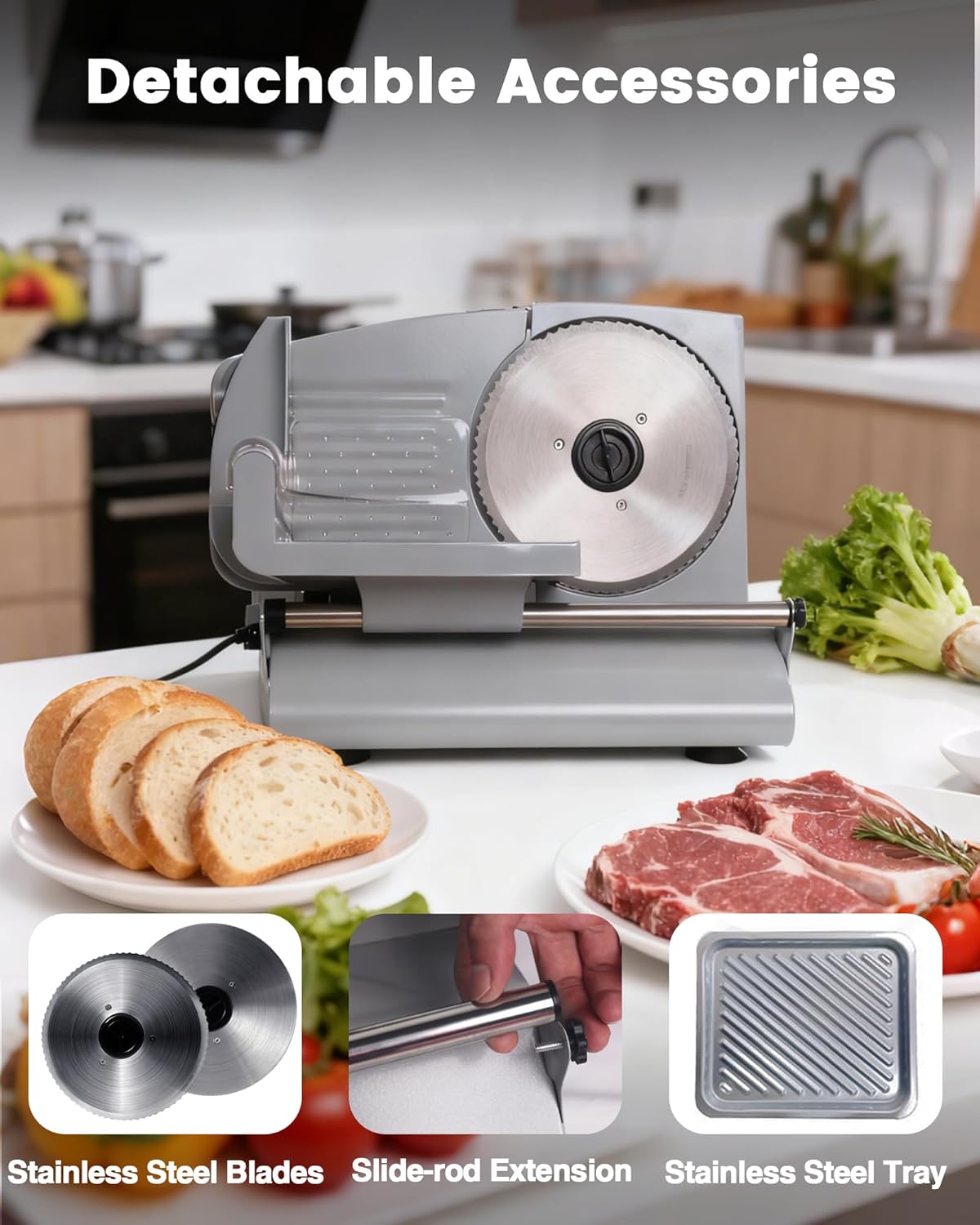200W Electric Meat Slicer, 2 Removable 7.5" Stainless Steel Blades | 0-12mm Thickness Adjustable Deli Food Slicer for Home Use, SS Tray Included, Child Lock Protection, Easy to Clean