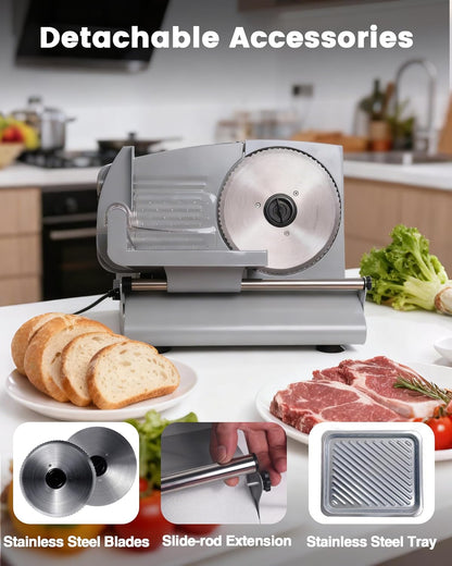 200W Electric Meat Slicer, 2 Removable 7.5" Stainless Steel Blades | 0-12mm Thickness Adjustable Deli Food Slicer for Home Use, SS Tray Included, Child Lock Protection, Easy to Clean