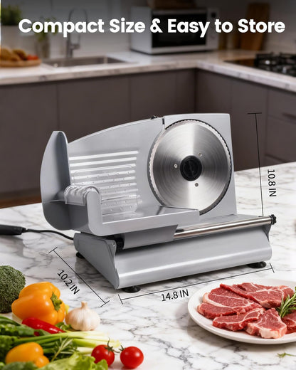 200W Electric Meat Slicer, 2 Removable 7.5" Stainless Steel Blades | 0-12mm Thickness Adjustable Deli Food Slicer for Home Use, SS Tray Included, Child Lock Protection, Easy to Clean