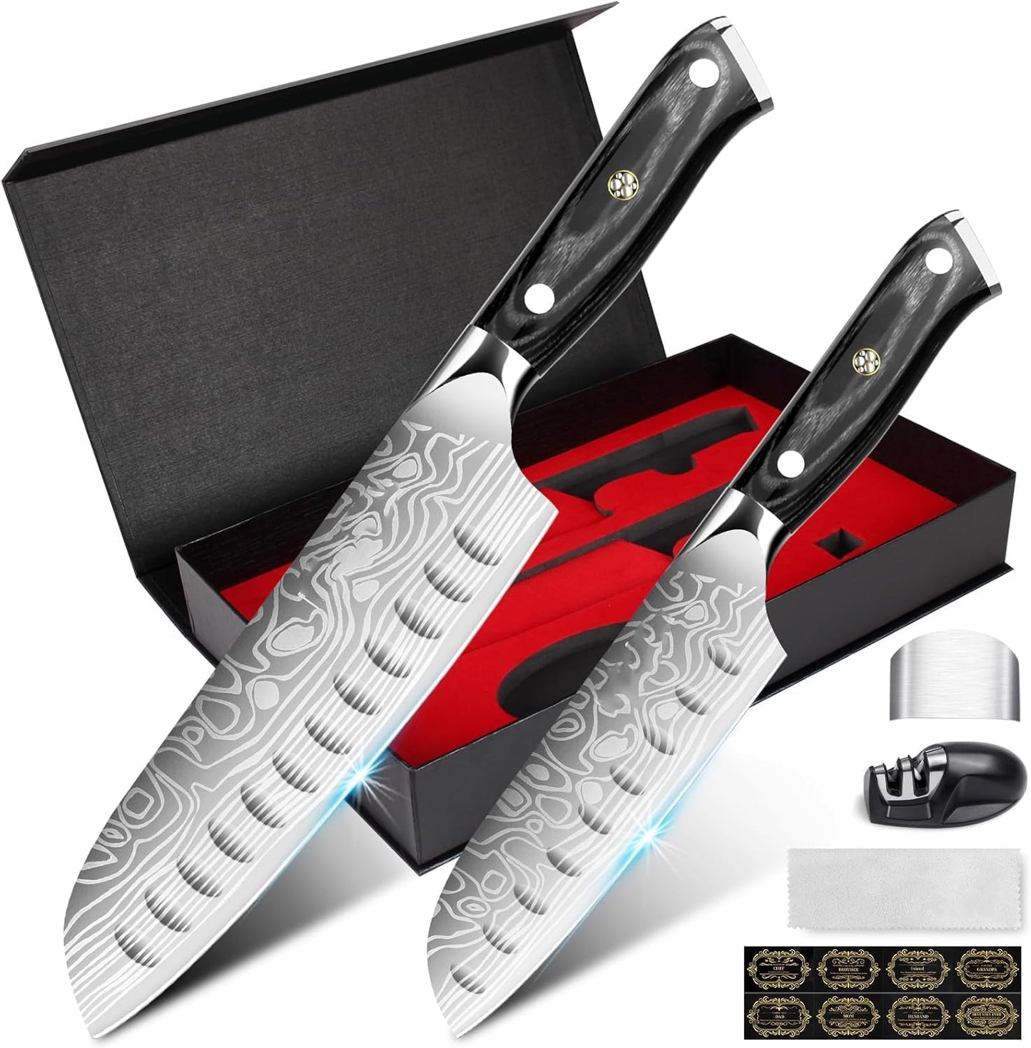Kitchen Knife Set, 5.5in+7in Santoku Knives, High-Carbon German EN1.4116 Stainless Steel, Sharp Cooking Knives, Kitchen Knifes and Knife Sharpener, Finger Protection Gift Box