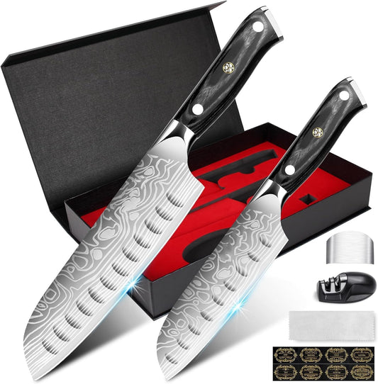 Kitchen Knife Set, 5.5in+7in Santoku Knives, High-Carbon German EN1.4116 Stainless Steel, Sharp Cooking Knives, Kitchen Knifes and Knife Sharpener, Finger Protection Gift Box
