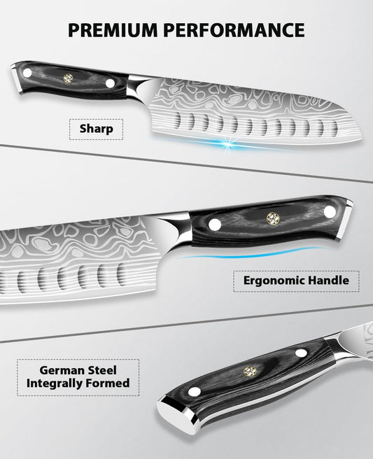 Kitchen Knife Set, 5.5in+7in Santoku Knives, High-Carbon German EN1.4116 Stainless Steel, Sharp Cooking Knives, Kitchen Knifes and Knife Sharpener, Finger Protection Gift Box