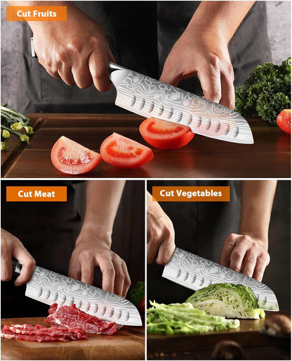 Kitchen Knife Set, 5.5in+7in Santoku Knives, High-Carbon German EN1.4116 Stainless Steel, Sharp Cooking Knives, Kitchen Knifes and Knife Sharpener, Finger Protection Gift Box