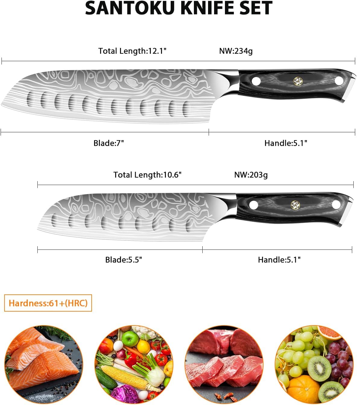 Kitchen Knife Set, 5.5in+7in Santoku Knives, High-Carbon German EN1.4116 Stainless Steel, Sharp Cooking Knives, Kitchen Knifes and Knife Sharpener, Finger Protection Gift Box
