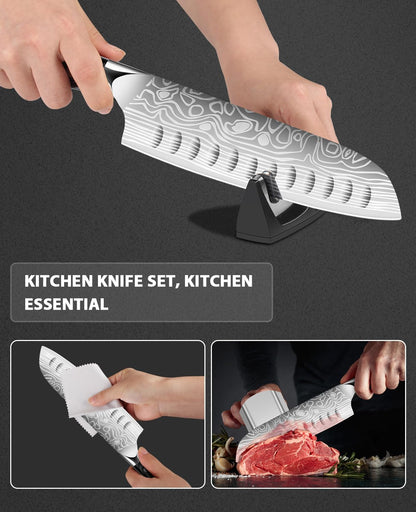 Kitchen Knife Set, 5.5in+7in Santoku Knives, High-Carbon German EN1.4116 Stainless Steel, Sharp Cooking Knives, Kitchen Knifes and Knife Sharpener, Finger Protection Gift Box