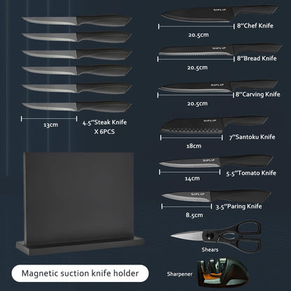 Kitchen knife set with Magnetic knife holder, 15 pieces high carbon stainless steel sharp kitchen knife set including chef's knife, bread knife, serrated steak knife set