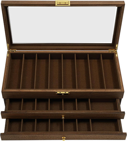 Knife Display Case, 22 Slot Storage Box, 3-Tier Lockable, Showcase & Organizer with Ebony Veneer and Real Glass Window Top for Pocket Knives, Men Gift, 15.7 * 7.6 * 4.7 in (Walnut Color, 3 Tiers)