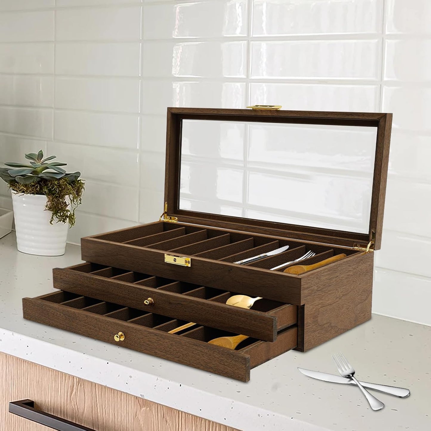 Knife Display Case, 22 Slot Storage Box, 3-Tier Lockable, Showcase & Organizer with Ebony Veneer and Real Glass Window Top for Pocket Knives, Men Gift, 15.7 * 7.6 * 4.7 in (Walnut Color, 3 Tiers)