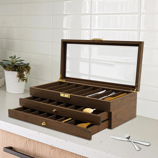 Knife Display Case, 22 Slot Storage Box, 3-Tier Lockable, Showcase & Organizer with Ebony Veneer and Real Glass Window Top for Pocket Knives, Men Gift, 15.7 * 7.6 * 4.7 in (Walnut Color, 3 Tiers)