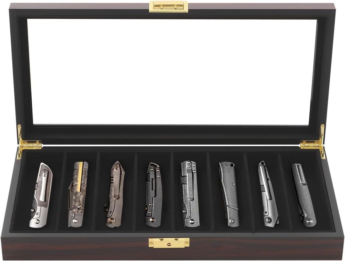 Knife Display Case, 22 Slot Storage Box, 3-Tier Lockable, Showcase & Organizer with Ebony Veneer and Real Glass Window Top for Pocket Knives, Men Gift, 15.7 * 7.6 * 4.7 in (Walnut Color, 3 Tiers)