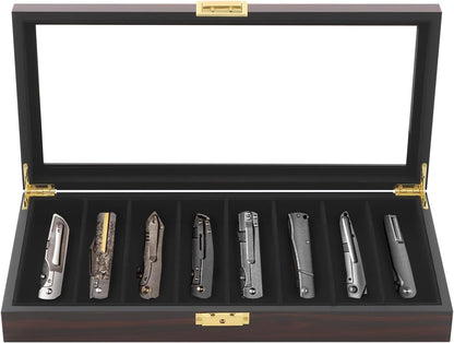 Knife Display Case, 22 Slot Storage Box, 3-Tier Lockable, Showcase & Organizer with Ebony Veneer and Real Glass Window Top for Pocket Knives, Men Gift, 15.7 * 7.6 * 4.7 in (Walnut Color, 3 Tiers)