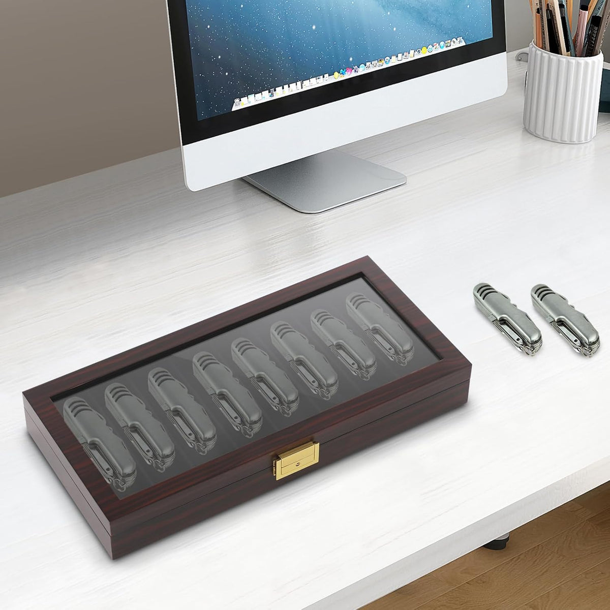 Knife Display Case, 22 Slot Storage Box, 3-Tier Lockable, Showcase & Organizer with Ebony Veneer and Real Glass Window Top for Pocket Knives, Men Gift, 15.7 * 7.6 * 4.7 in (Walnut Color, 3 Tiers)
