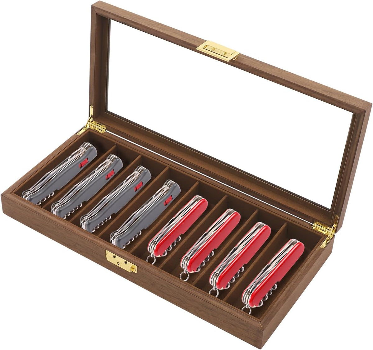 Knife Display Case, 22 Slot Storage Box, 3-Tier Lockable, Showcase & Organizer with Ebony Veneer and Real Glass Window Top for Pocket Knives, Men Gift, 15.7 * 7.6 * 4.7 in (Walnut Color, 3 Tiers)