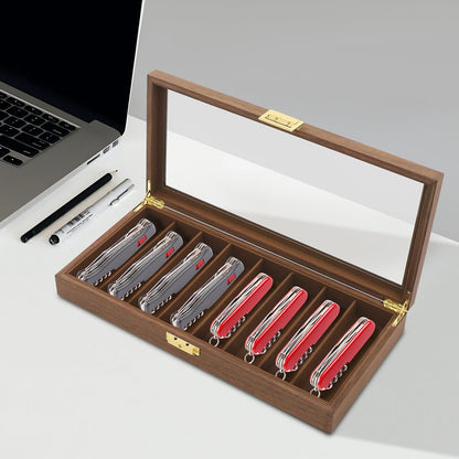 Knife Display Case, 22 Slot Storage Box, 3-Tier Lockable, Showcase & Organizer with Ebony Veneer and Real Glass Window Top for Pocket Knives, Men Gift, 15.7 * 7.6 * 4.7 in (Walnut Color, 3 Tiers)