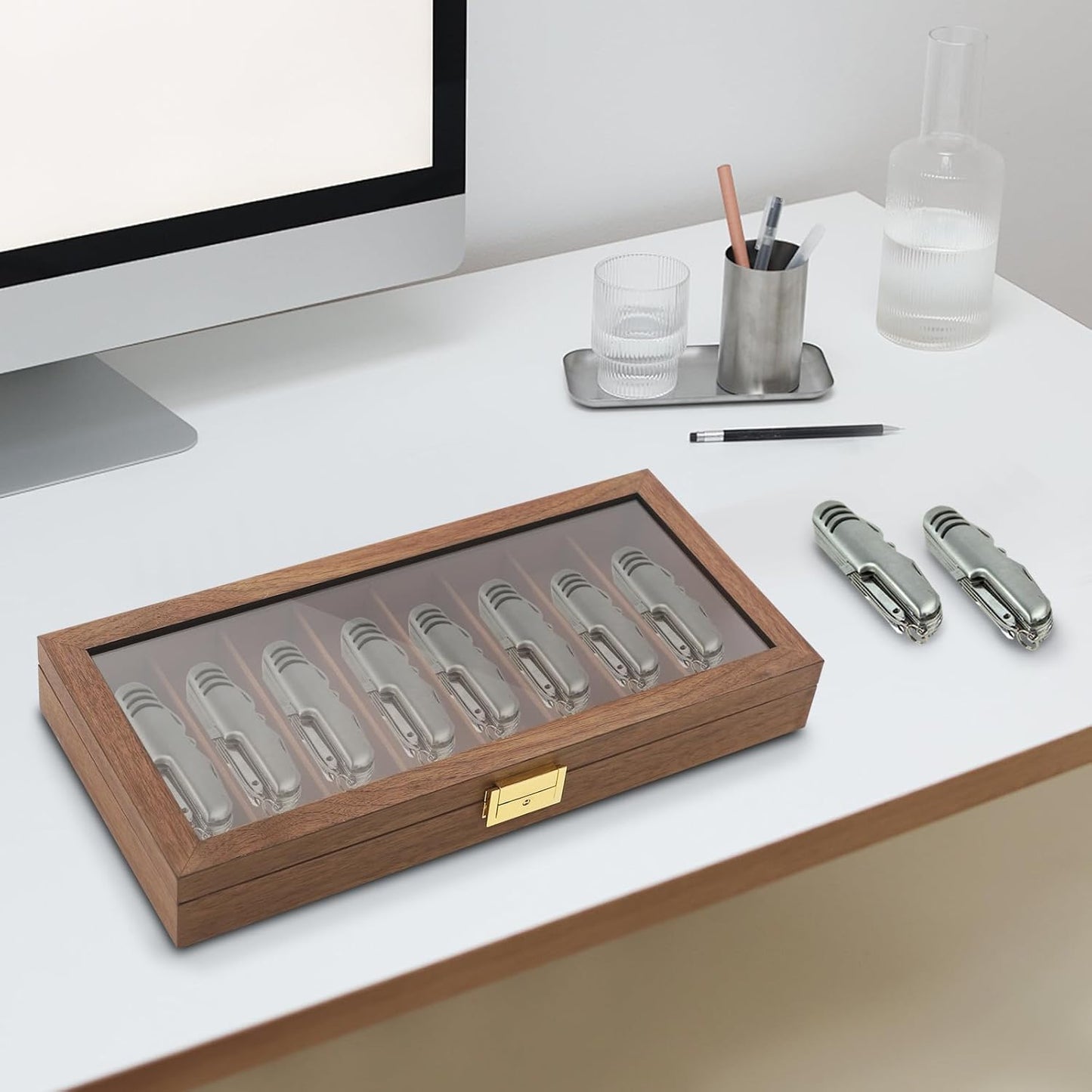 Knife Display Case, 22 Slot Storage Box, 3-Tier Lockable, Showcase & Organizer with Ebony Veneer and Real Glass Window Top for Pocket Knives, Men Gift, 15.7 * 7.6 * 4.7 in (Walnut Color, 3 Tiers)