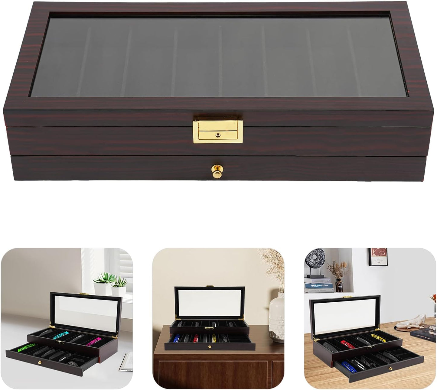 Knife Display Case, 22 Slot Storage Box, 3-Tier Lockable, Showcase & Organizer with Ebony Veneer and Real Glass Window Top for Pocket Knives, Men Gift, 15.7 * 7.6 * 4.7 in (Walnut Color, 3 Tiers)