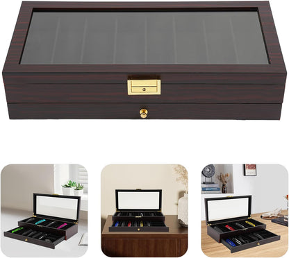 Knife Display Case, 22 Slot Storage Box, 3-Tier Lockable, Showcase & Organizer with Ebony Veneer and Real Glass Window Top for Pocket Knives, Men Gift, 15.7 * 7.6 * 4.7 in (Walnut Color, 3 Tiers)