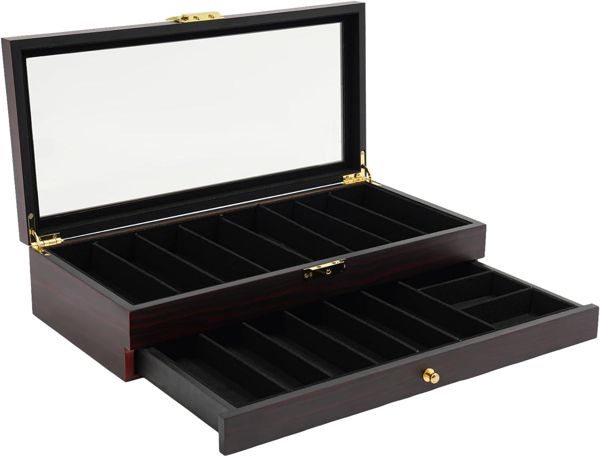 Knife Display Case, 22 Slot Storage Box, 3-Tier Lockable, Showcase & Organizer with Ebony Veneer and Real Glass Window Top for Pocket Knives, Men Gift, 15.7 * 7.6 * 4.7 in (Walnut Color, 3 Tiers)