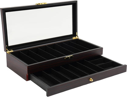 Knife Display Case, 22 Slot Storage Box, 3-Tier Lockable, Showcase & Organizer with Ebony Veneer and Real Glass Window Top for Pocket Knives, Men Gift, 15.7 * 7.6 * 4.7 in (Walnut Color, 3 Tiers)