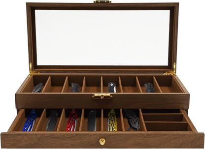 Knife Display Case, 22 Slot Storage Box, 3-Tier Lockable, Showcase & Organizer with Ebony Veneer and Real Glass Window Top for Pocket Knives, Men Gift, 15.7 * 7.6 * 4.7 in (Walnut Color, 3 Tiers)