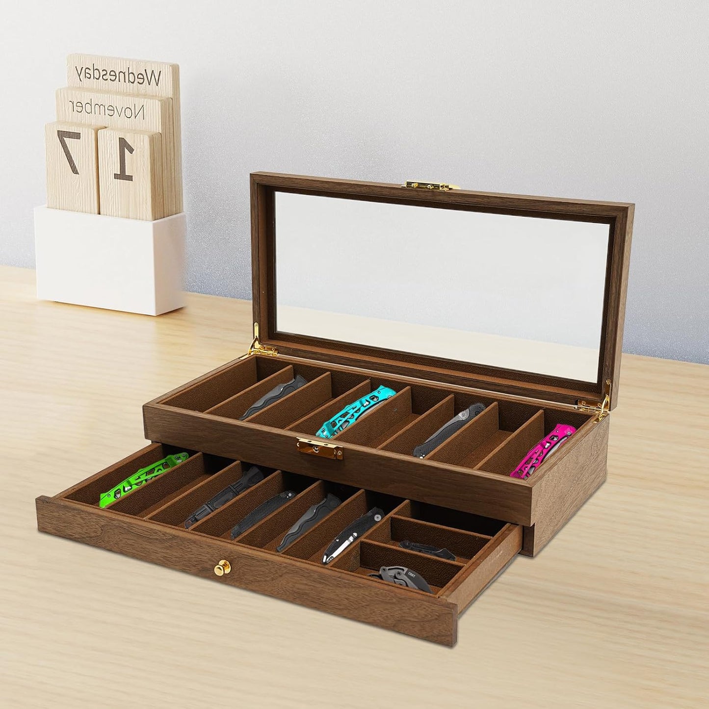 Knife Display Case, 22 Slot Storage Box, 3-Tier Lockable, Showcase & Organizer with Ebony Veneer and Real Glass Window Top for Pocket Knives, Men Gift, 15.7 * 7.6 * 4.7 in (Walnut Color, 3 Tiers)