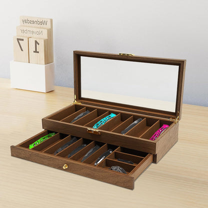 Knife Display Case, 22 Slot Storage Box, 3-Tier Lockable, Showcase & Organizer with Ebony Veneer and Real Glass Window Top for Pocket Knives, Men Gift, 15.7 * 7.6 * 4.7 in (Walnut Color, 3 Tiers)